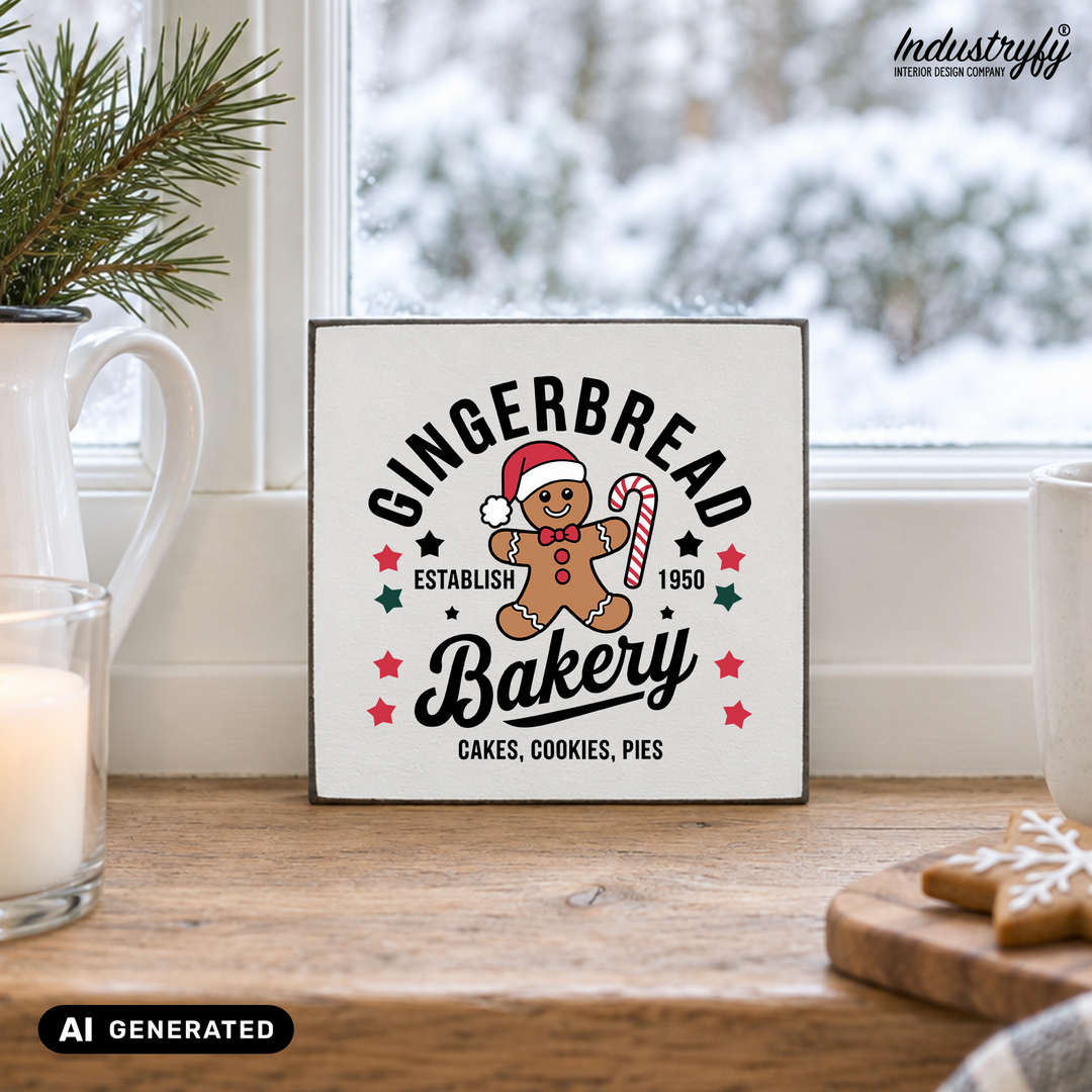 Miniblock Gingerbread Bakery, Farmhouse Weihnachtsdeko auf der Fensterbank im Schnee von Industryfy