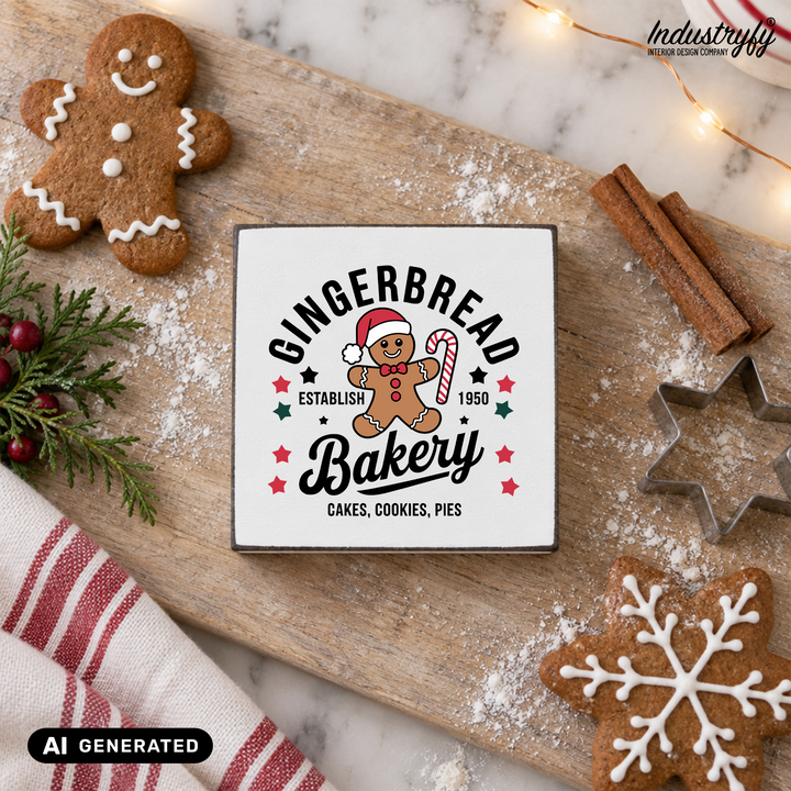 Miniblock Gingerbread Bakery, Holzschild mit Lebkuchen und Zimtstangen auf dem Backbrett von Industryfy