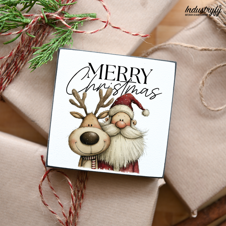 Miniblock Merry Christmas, Farmhouse Weihnachtsdeko auf Geschenkpapier von Industryfy
