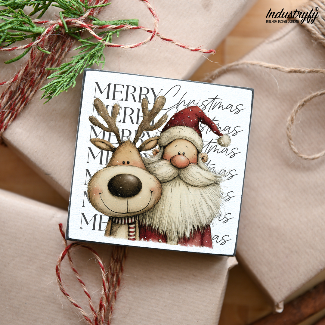 Miniblock Merry Christmas No2, Weihnachtsdeko mit Santa und Rudolph auf Geschenkpapier von Industryfy