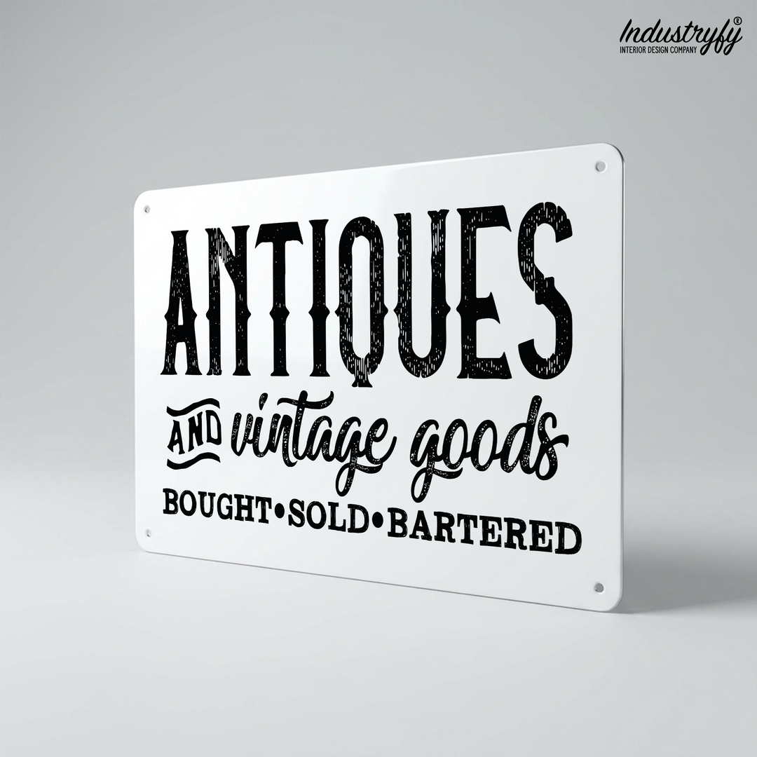 Vintage Metallschild Antiques and vintage goods in Schwarz auf Weiß von Industryfy