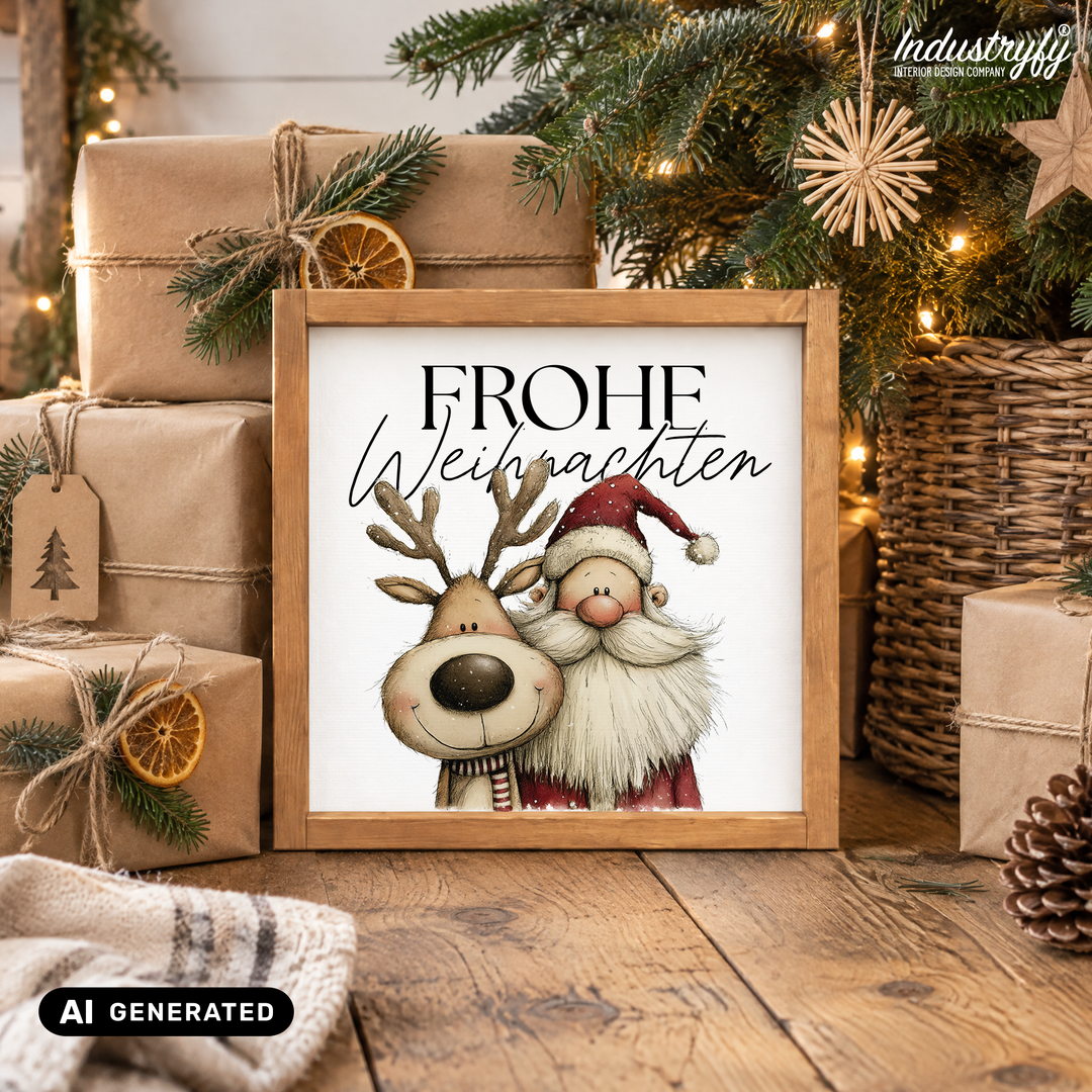 Landhaus Schild Frohe Weihnachten, Farmhouse Weihnachtsschild zwischen Geschenken von Industryfy