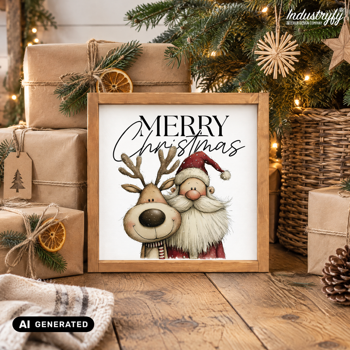 Landhaus Schild Merry Christmas, Farmhouse Weihnachtsschild zwischen Geschenken von Industryfy