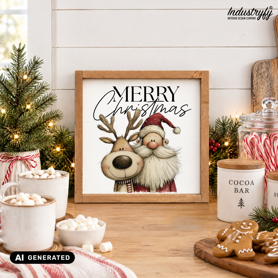 Landhaus Schild Merry Christmas, Holzschild mit Santa und Rudolph im Vollholzrahmen von Industryfy