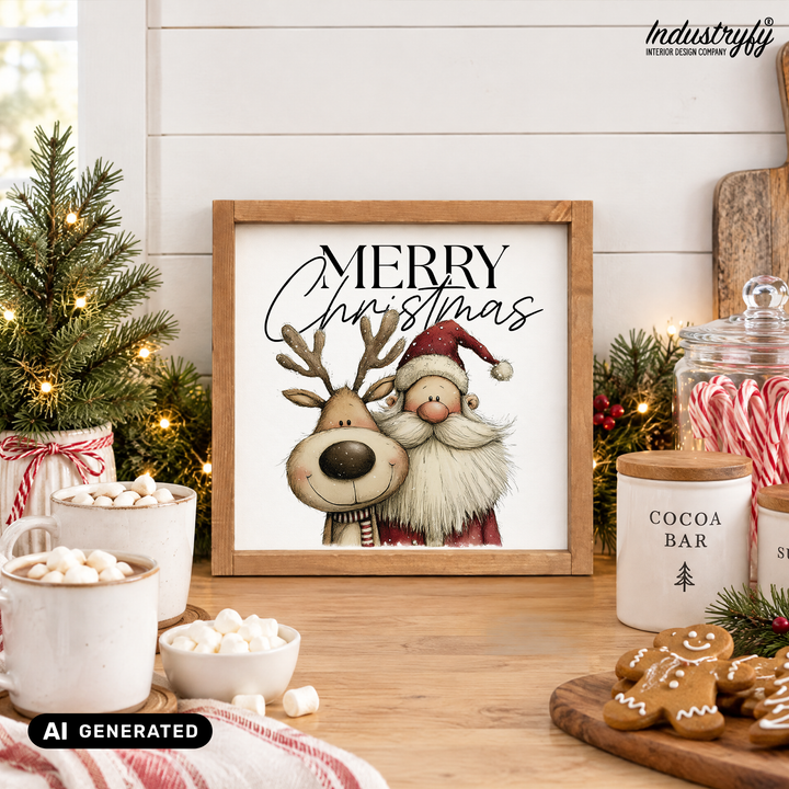 Landhaus Schild Merry Christmas, Holzschild mit Santa und Rudolph im Vollholzrahmen von Industryfy