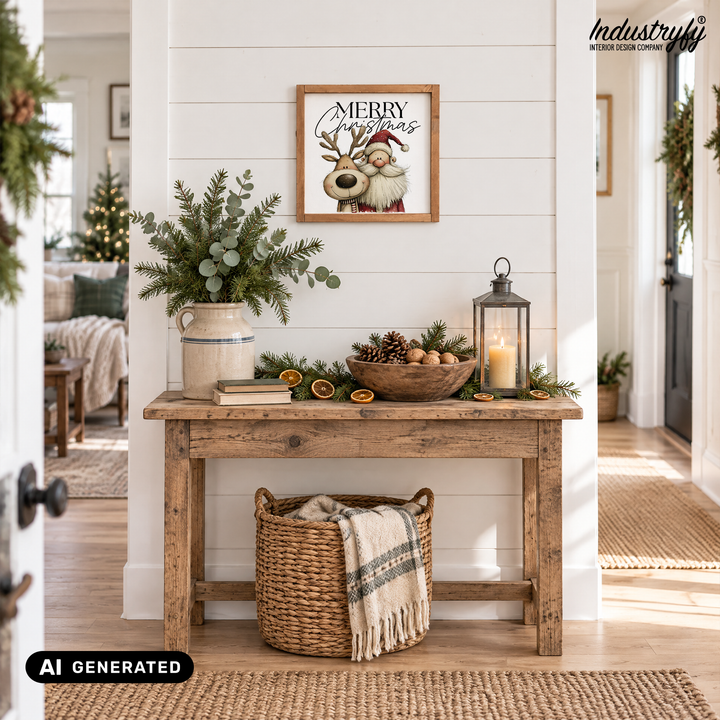Landhaus Schild Merry Christmas, Weihnachtsdeko mit Santa und Rudolph an der Wand im Flur von Industryfy