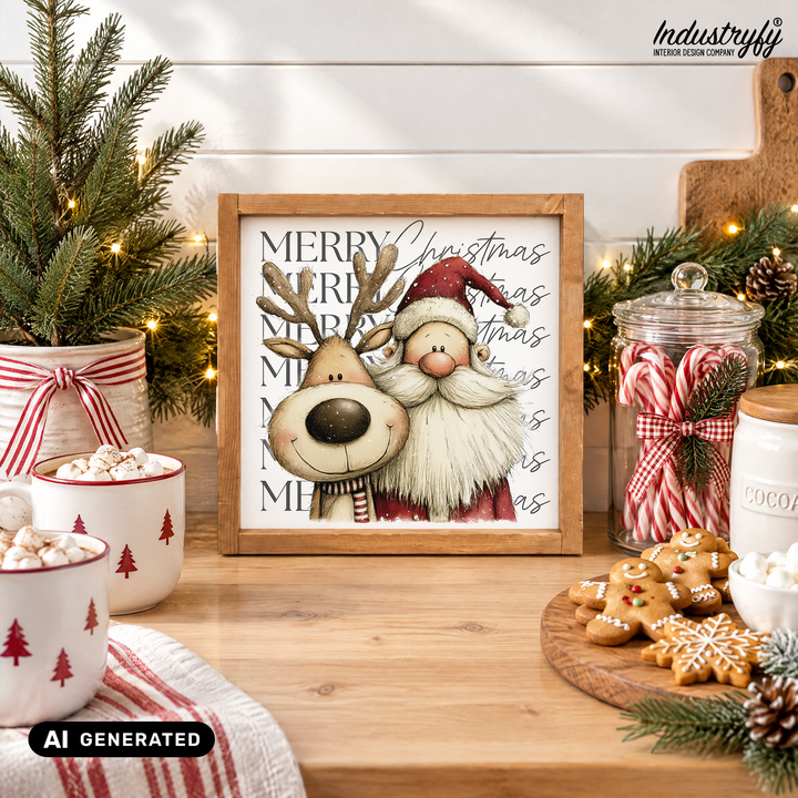 Landhaus Schild Merry Christmas No2, Weihnachtsdeko mit Santa und Rudolph in der Küche von Industryfy