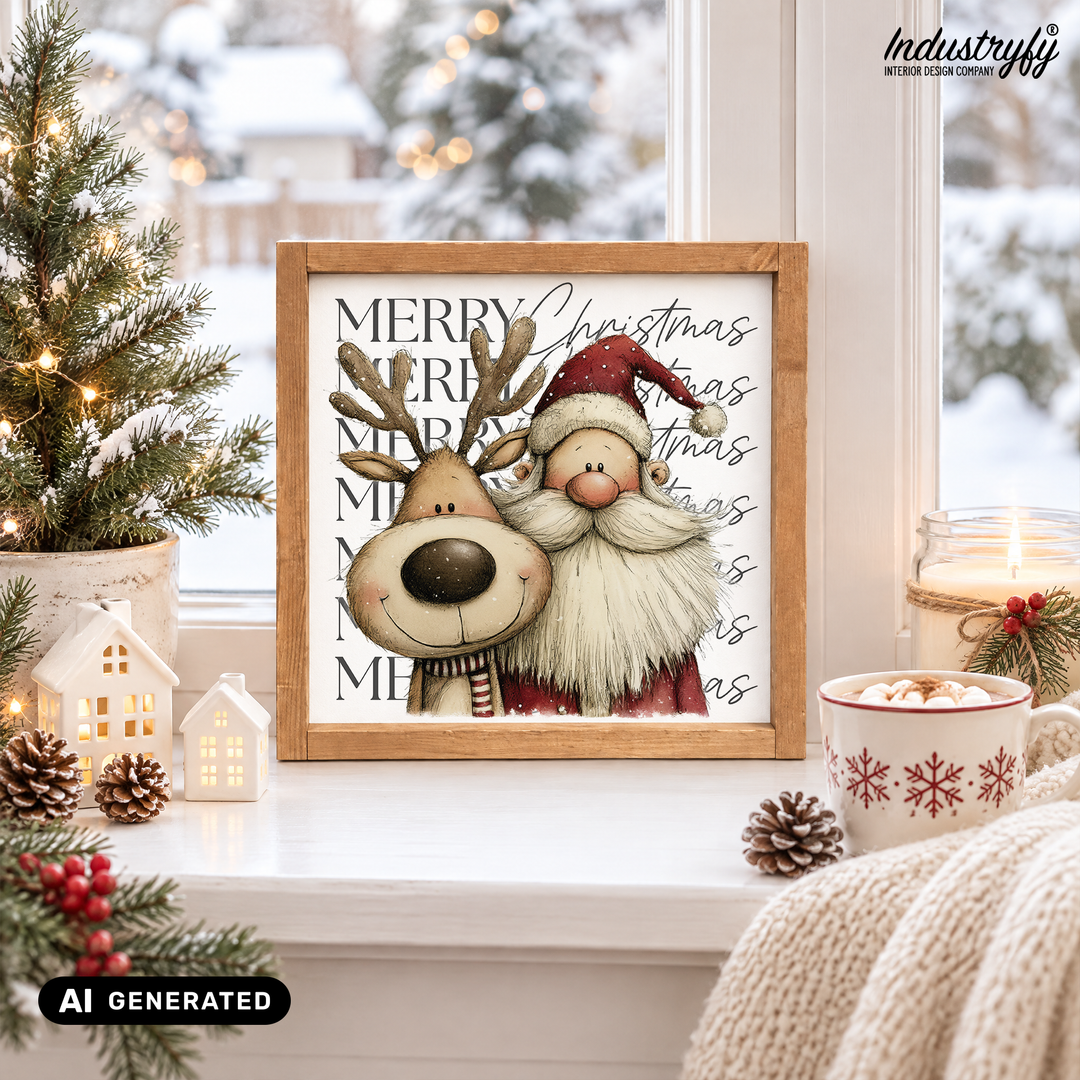 Landhaus Schild Merry Christmas No2, Holzschild mit Santa und Rudolph auf der Fensterbank von Industryfy