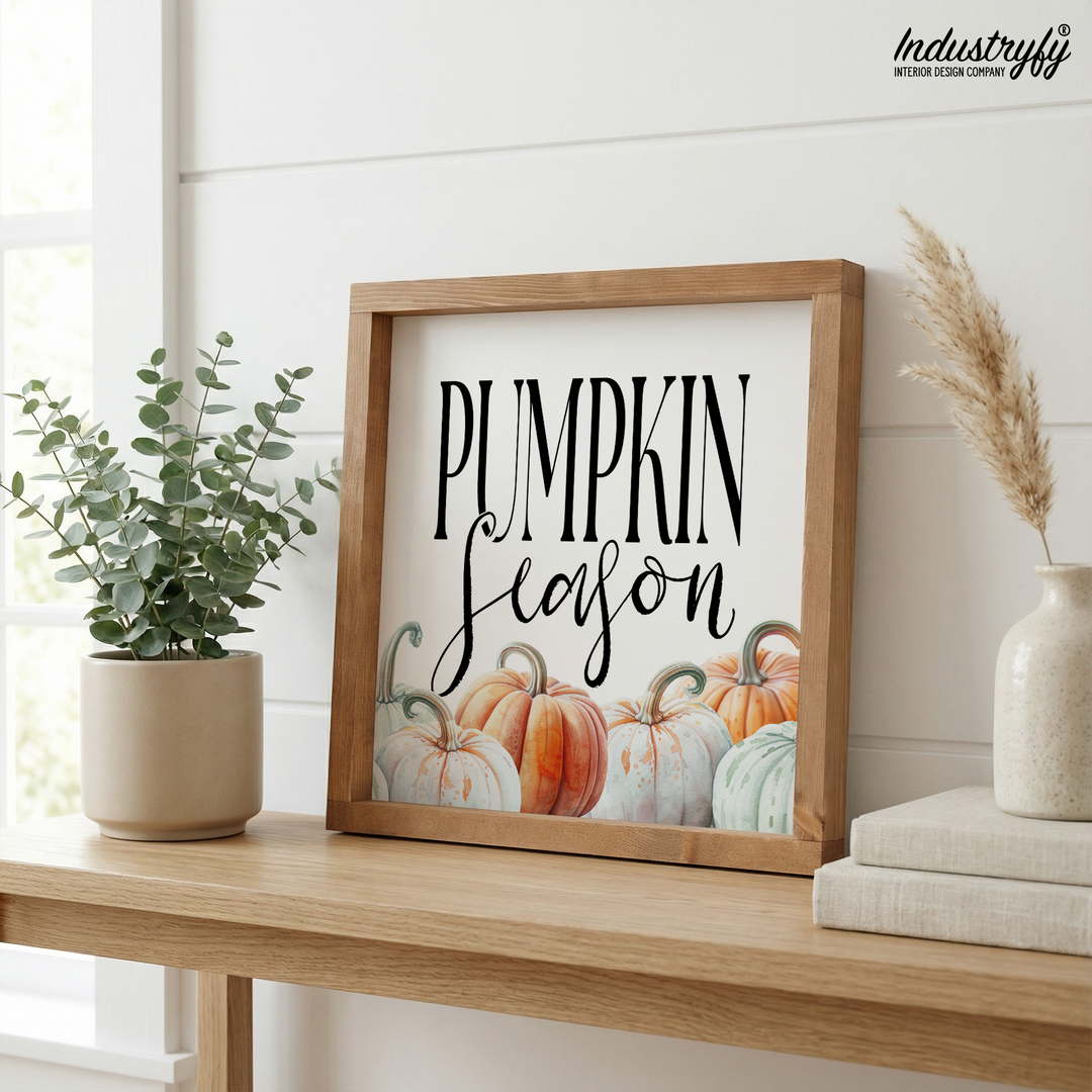 Landhaus Schild Pumpkin Season, Holzschild mit Kürbisreihe im Vollholzrahmen von Industryfy