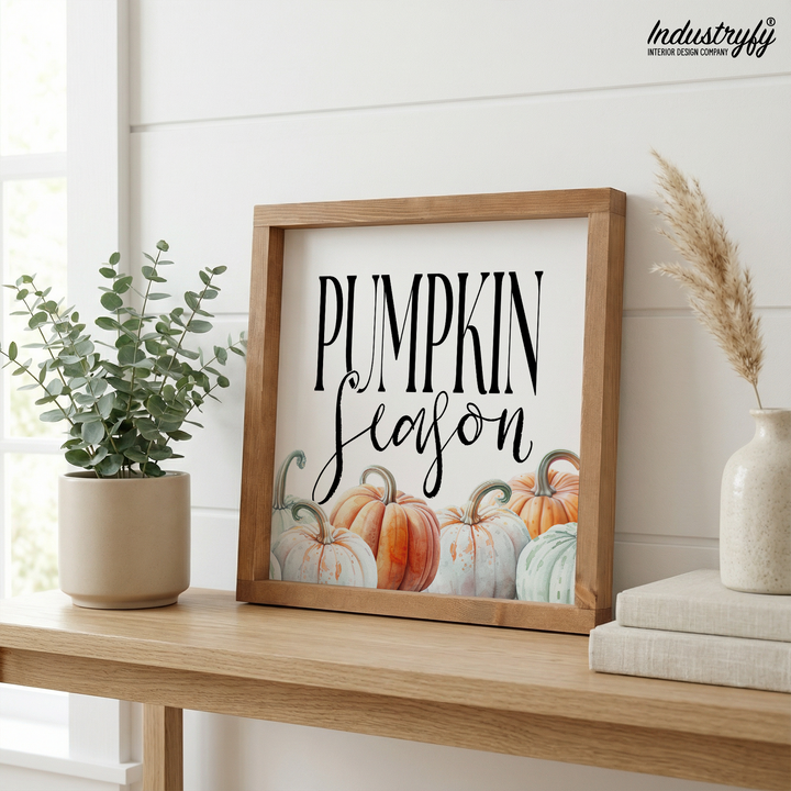 Landhaus Schild Pumpkin Season, Holzschild mit Kürbisreihe im Vollholzrahmen von Industryfy
