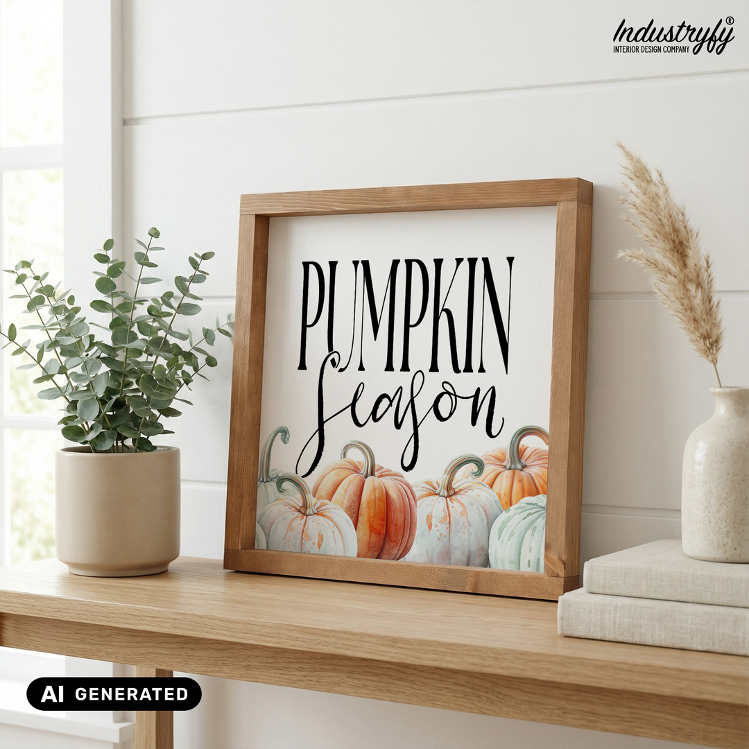Landhaus Schild Pumpkin Season, Holzschild mit Kürbisreihe im Vollholzrahmen von Industryfy