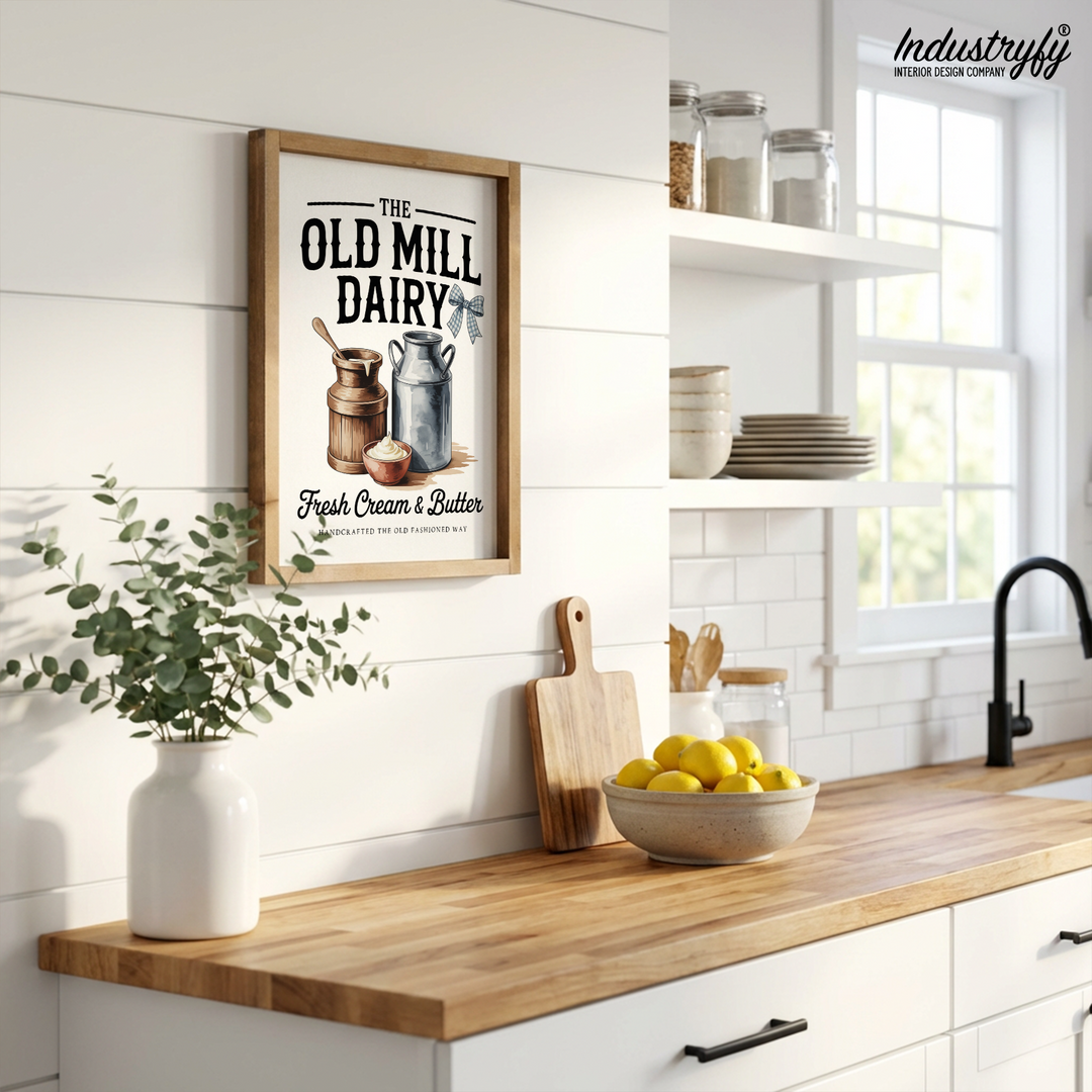 Landhaus Schild The Old Mill Dairy, Fresh Cream & Butter, Vintage Typografie auf cremefarbenem Hintergrund