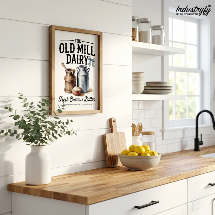 Landhaus Schild The Old Mill Dairy, Fresh Cream & Butter, Vintage Typografie auf cremefarbenem Hintergrund