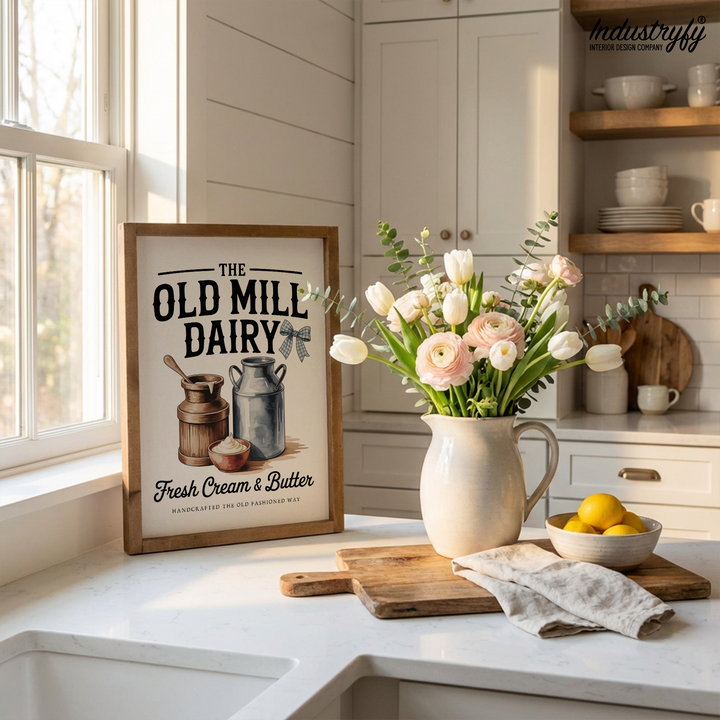 Landhaus Schild The Old Mill Dairy, nostalgisches Dairy-Design mit Schleife und Holzfass