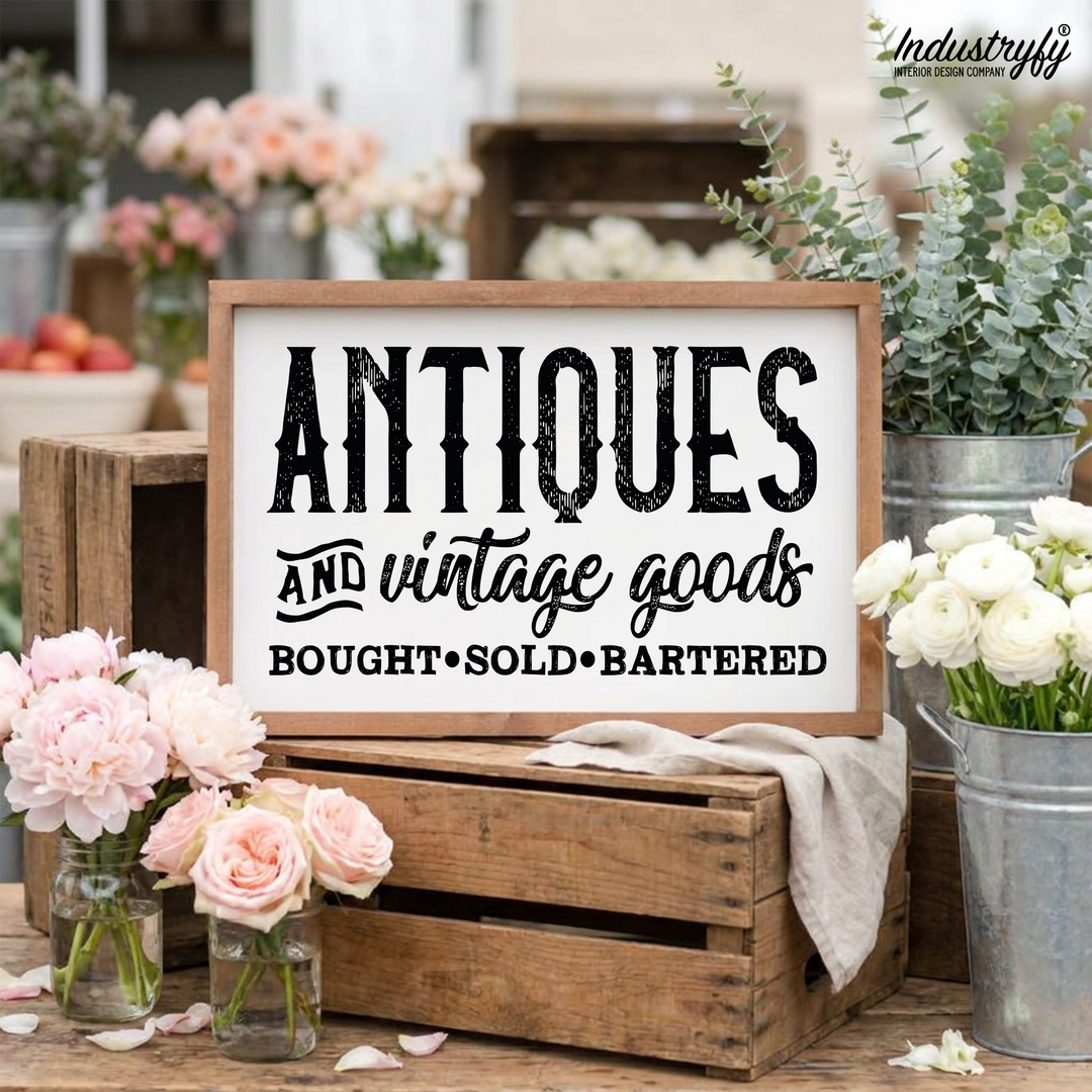 Landhaus Schild Antiques and Vintage Goods auf Vintage Holzkisten mit Blumen von Industryfy