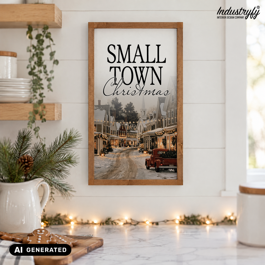 Landhaus Schild Small Town Christmas, Farmhouse Weihnachtsschild in der Küche mit Lichterkette von Industryfy