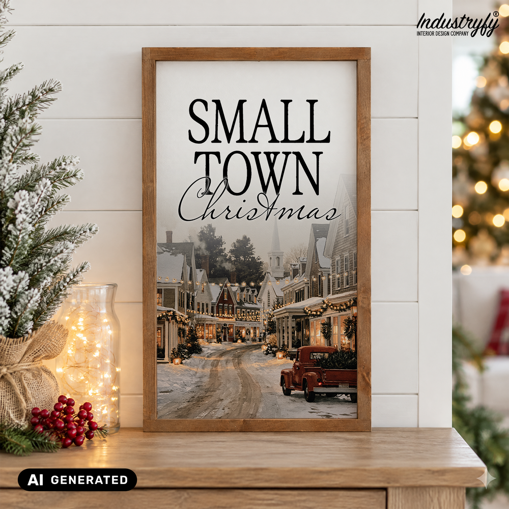 Landhaus Schild Small Town Christmas, Weihnachtsdeko mit verschneiter Dorfstraße und rotem Pickup von Industryfy