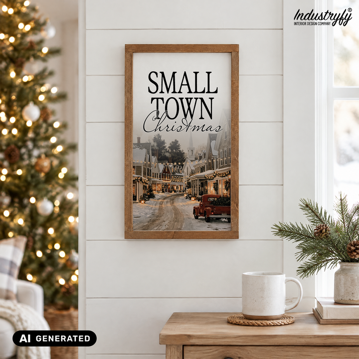 Landhaus Schild Small Town Christmas, Holzschild mit Winterdorf über der Kommode neben dem Weihnachtsbaum von Industryfy