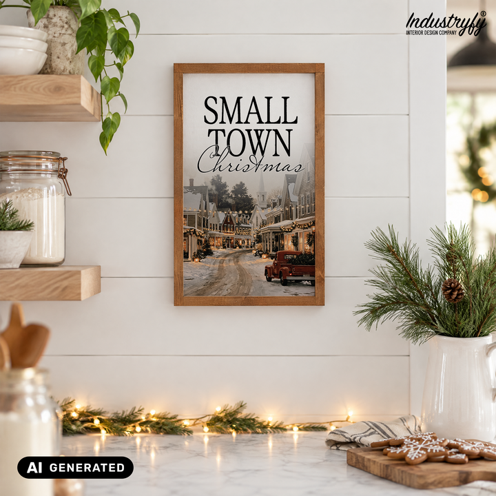 Landhaus Schild Small Town Christmas, Hochkant Holzschild zwischen Küchenregalen von Industryfy