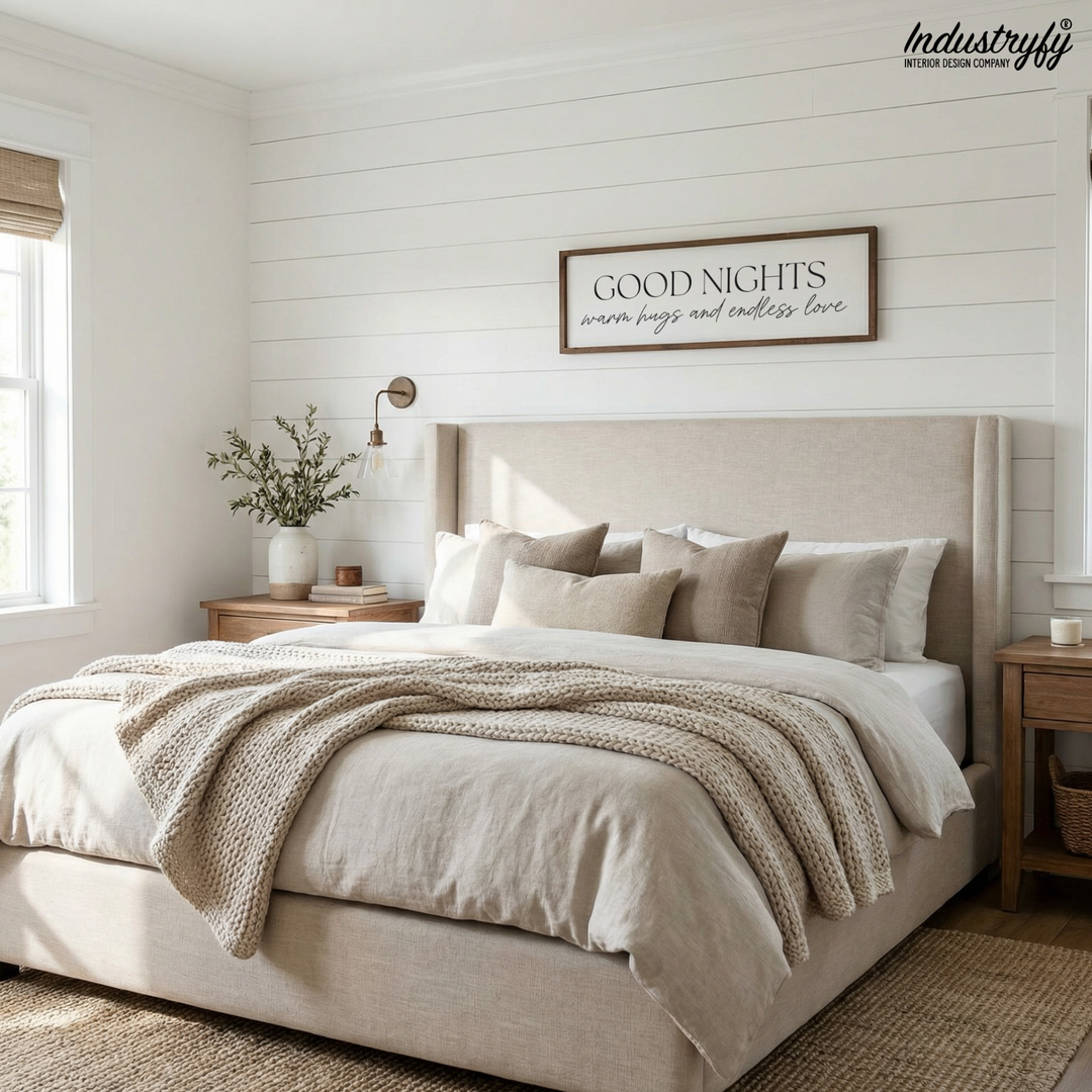 Landhaus Schild Good Nights, Schlafzimmer Deko über dem Bett im Landhausstil von Industryfy