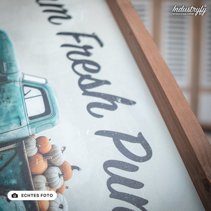 B-Ware Landhaus Schild Farm Fresh Pumpkins No10, Detailansicht Holzrahmen, echtes Foto von Industryfy