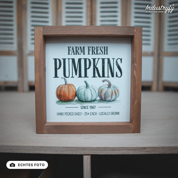 B-Ware Landhaus Schild Farm Fresh Pumpkins No11 20x20 mit Holzrahmen, echtes Foto von Industryfy