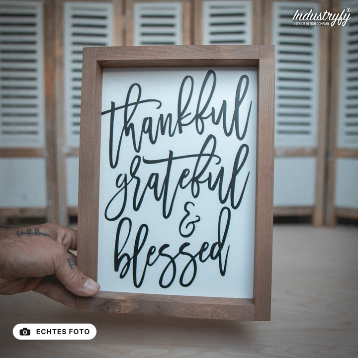 B-Ware Landhaus Schild thankful, grateful &amp; blessed in der Hand, echtes Foto von Industryfy
