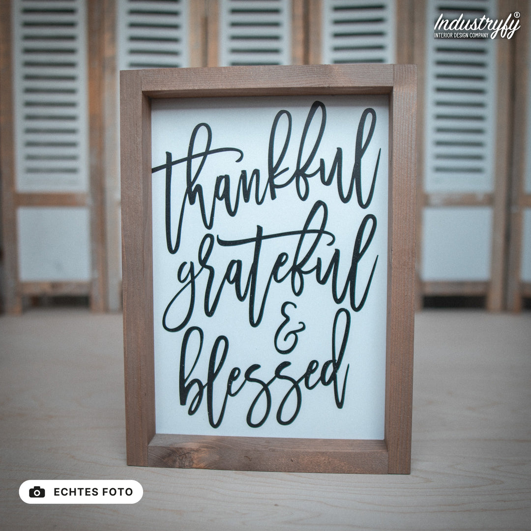 B-Ware Landhaus Schild thankful, grateful &amp; blessed, Ansicht von vorne, echtes Foto von Industryfy