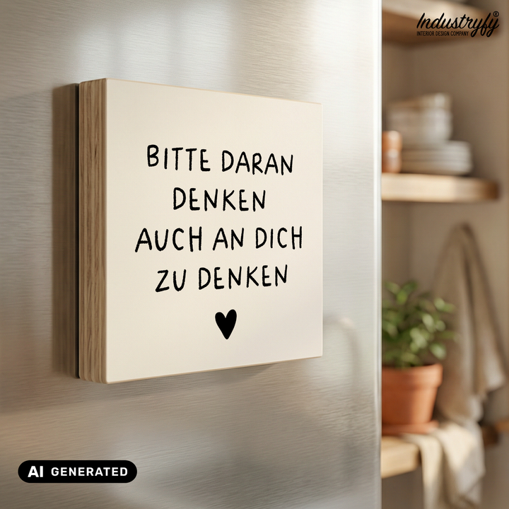 Kühlschrankmagnet aus Holz mit Spruch Bitte daran denken auch an dich zu denken, Farmhouse Design auf cremefarbenem Hintergrund