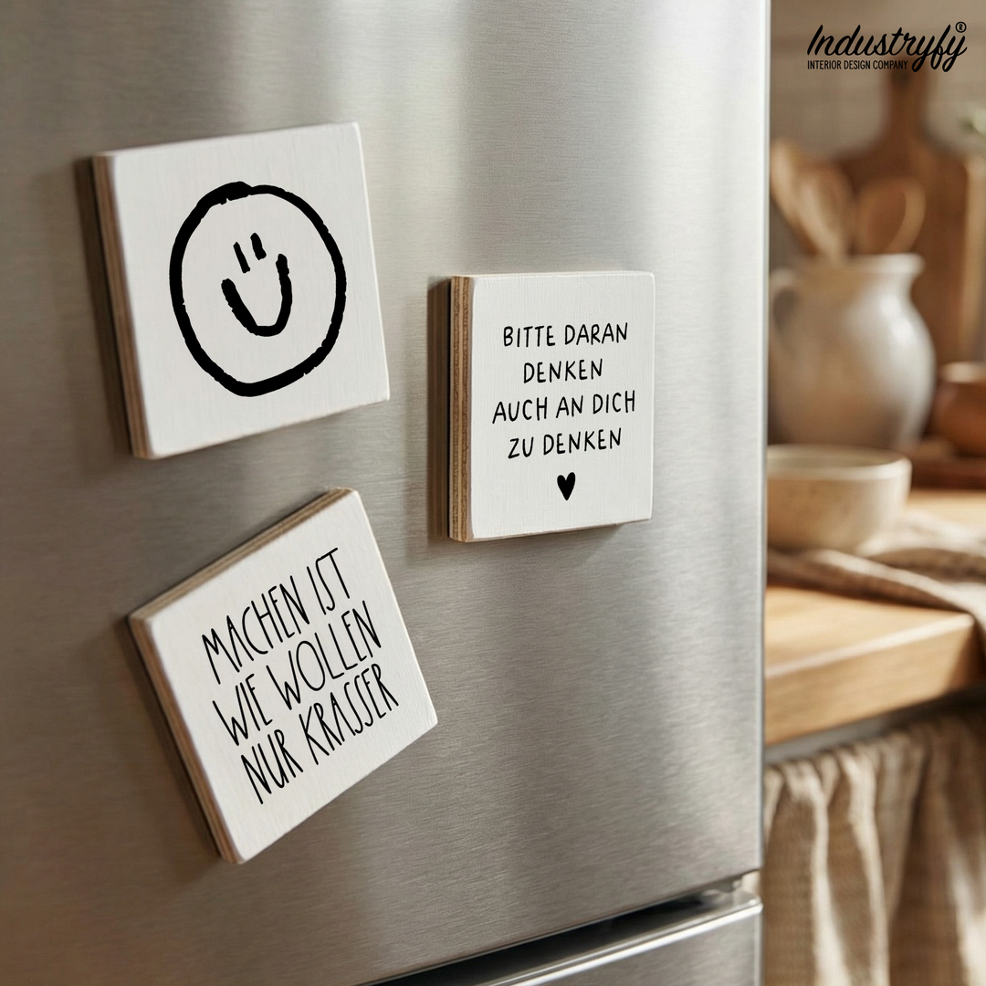 Holzmagnet Bitte daran denken auch an dich zu denken, Detailansicht Design und Typografie