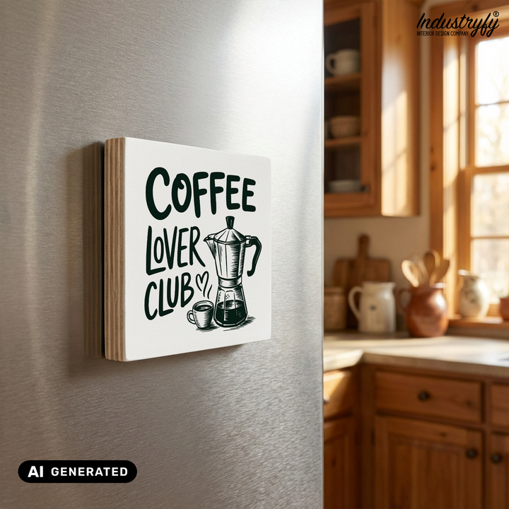 Holzmagnet Coffee Lover Club Detailansicht, UV-Druck auf Echtholz, Geschenkidee für Kaffeeliebhaber