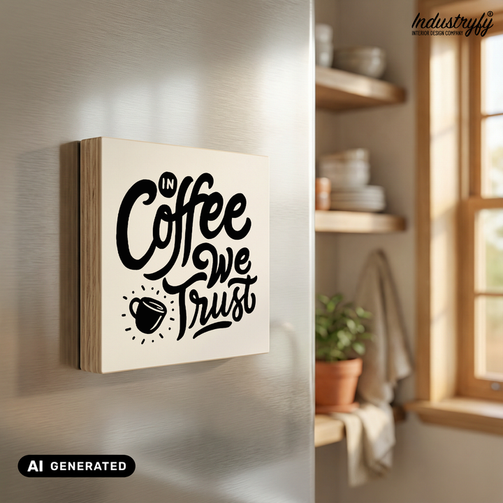 Holz Kühlschrankmagnet In Coffee we trust, Kaffee Deko Magnet gefertigt im Saarland