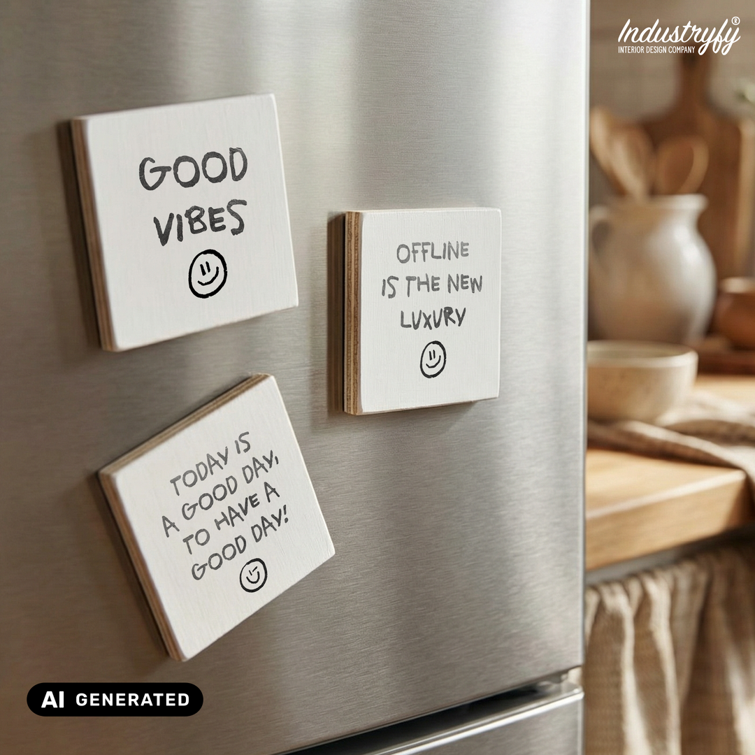 Holzmagnete von Industryfy am Kühlschrank, Mockup-Set
