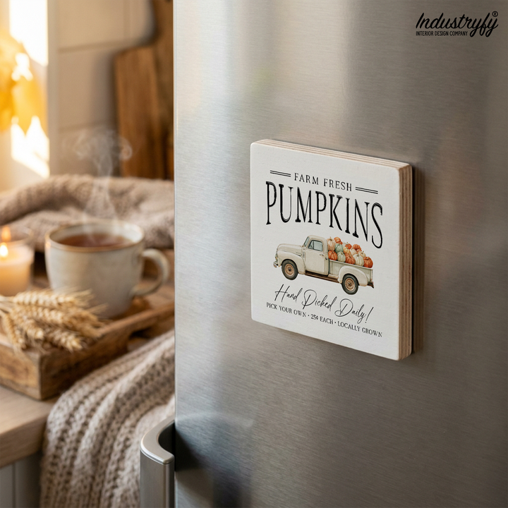 Kühlschrankmagnet Farm Fresh Pumpkins, Holzmagnet mit Pickup-Truck voller Kürbisse von Industryfy