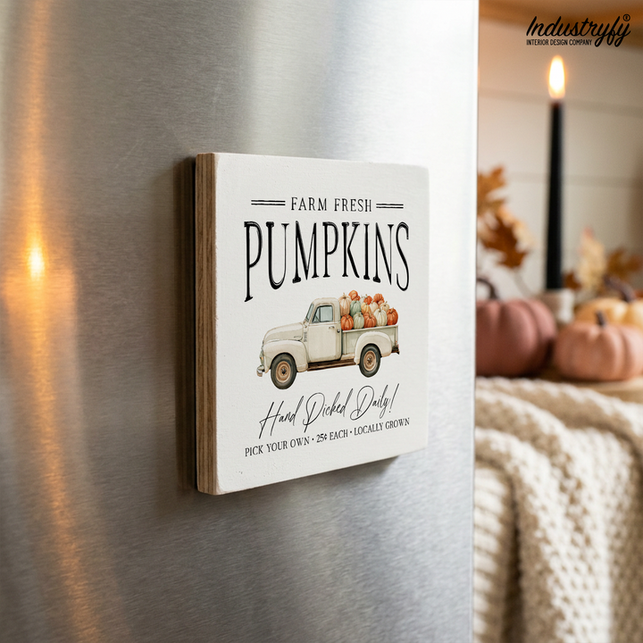Kühlschrankmagnet Farm Fresh Pumpkins, Vintage Herbstmagnet aus Holz von Industryfy