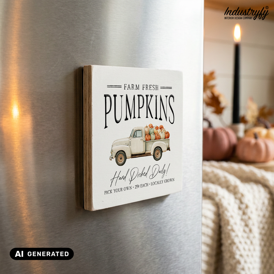 Kühlschrankmagnet Farm Fresh Pumpkins, Vintage Herbstmagnet aus Holz von Industryfy