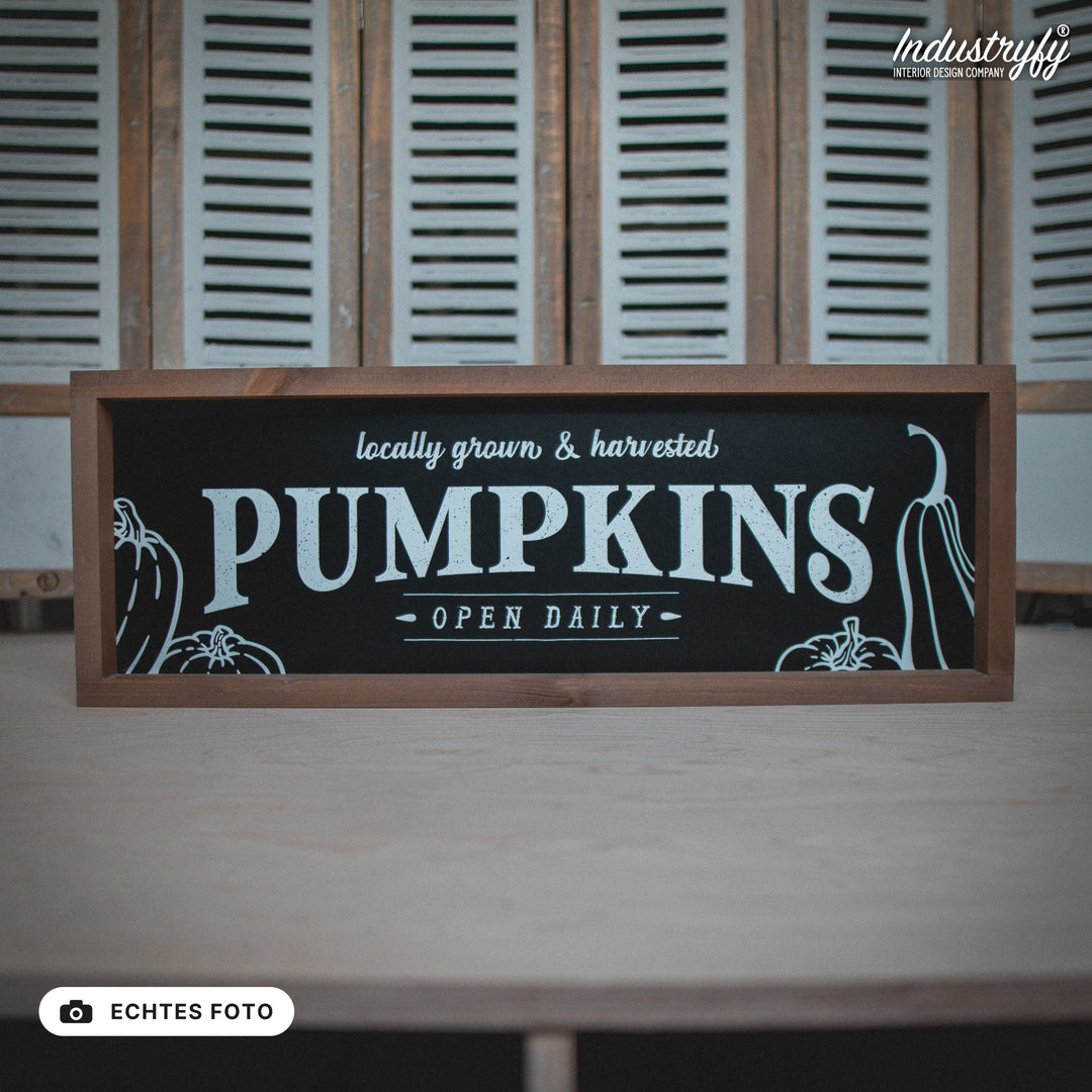 B-Ware Landhaus Schild Pumpkins Open Daily 60x20 mit Holzrahmen, echtes Foto von Industryfy
