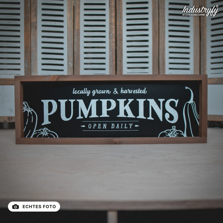 B-Ware Landhaus Schild Pumpkins Open Daily 60x20 mit Holzrahmen, echtes Foto von Industryfy