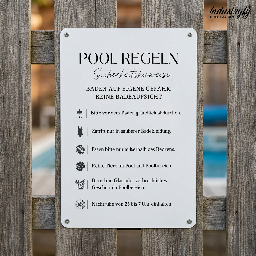 Metallschild Pool Regeln mit deutschen Baderegeln im Hochformat