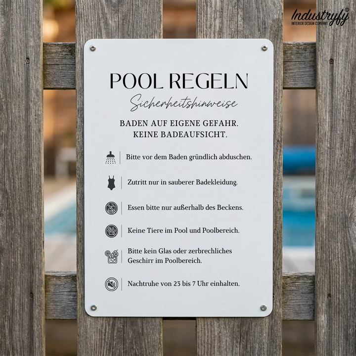Metallschild Pool Regeln mit deutschen Baderegeln im Hochformat