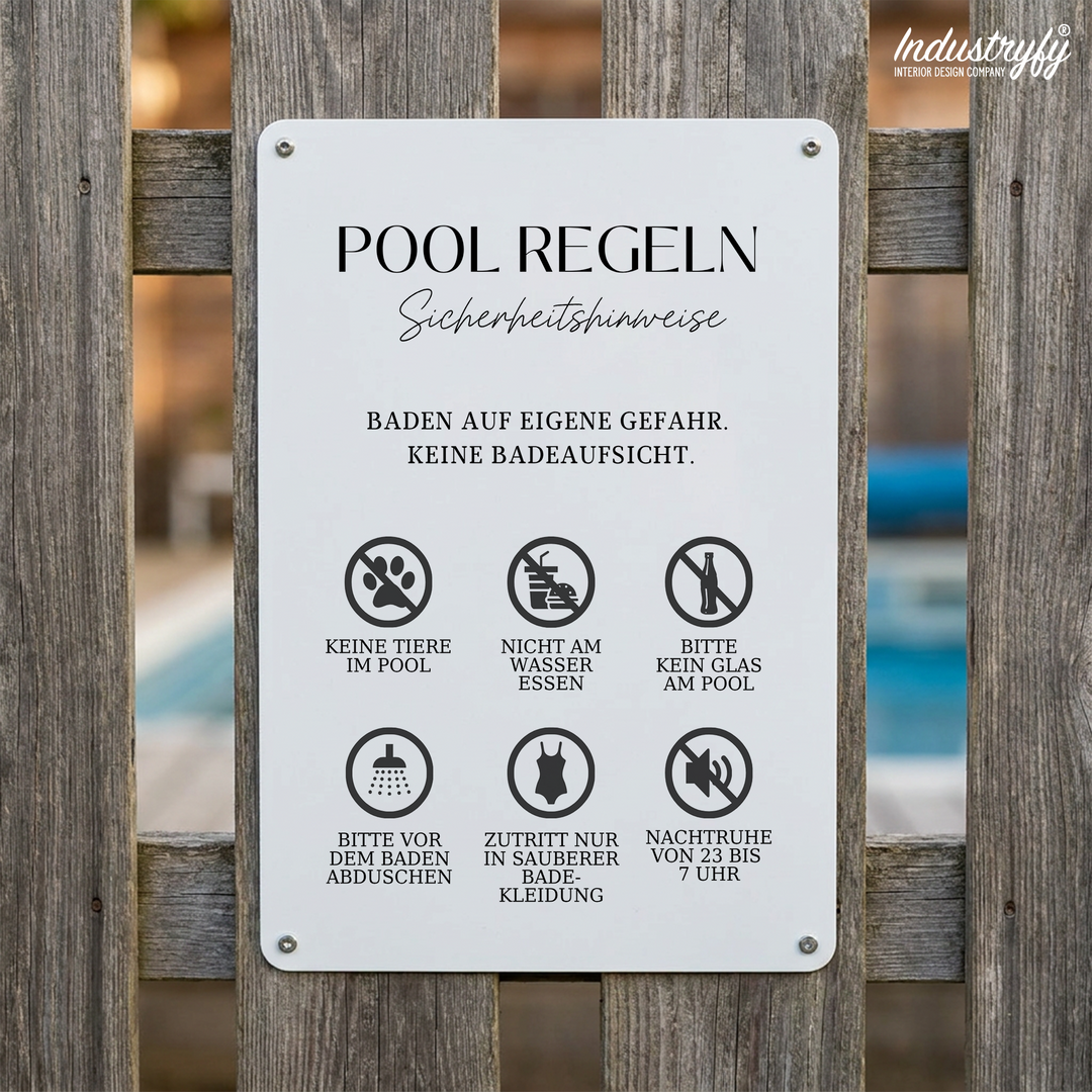 Metallschild Pool Regeln mit deutschen Baderegeln als Piktogramm-Raster