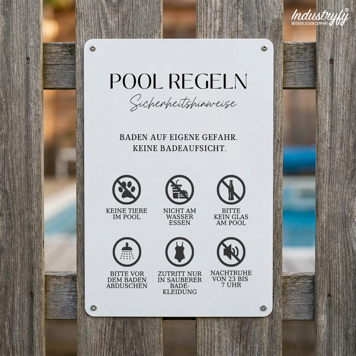 Metallschild Pool Regeln mit deutschen Baderegeln als Piktogramm-Raster