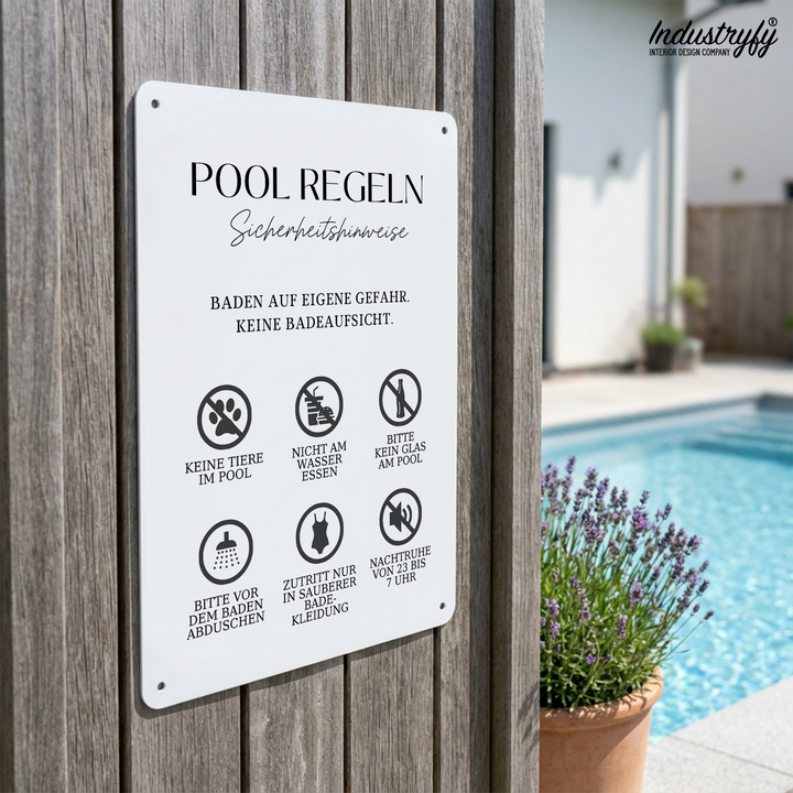 Pool Regeln Metallschild aus Aluminium am Pool