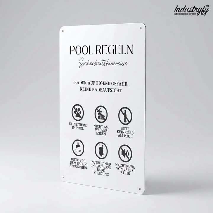 Pool Regeln Schild Detailansicht deutsche Symbole