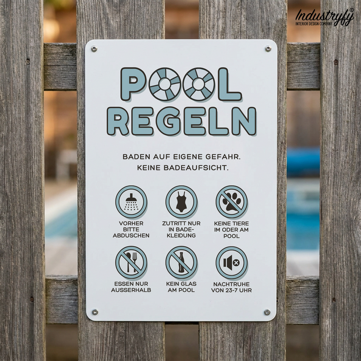 Metallschild Pool Regeln in Pastellblau mit deutschen Baderegeln