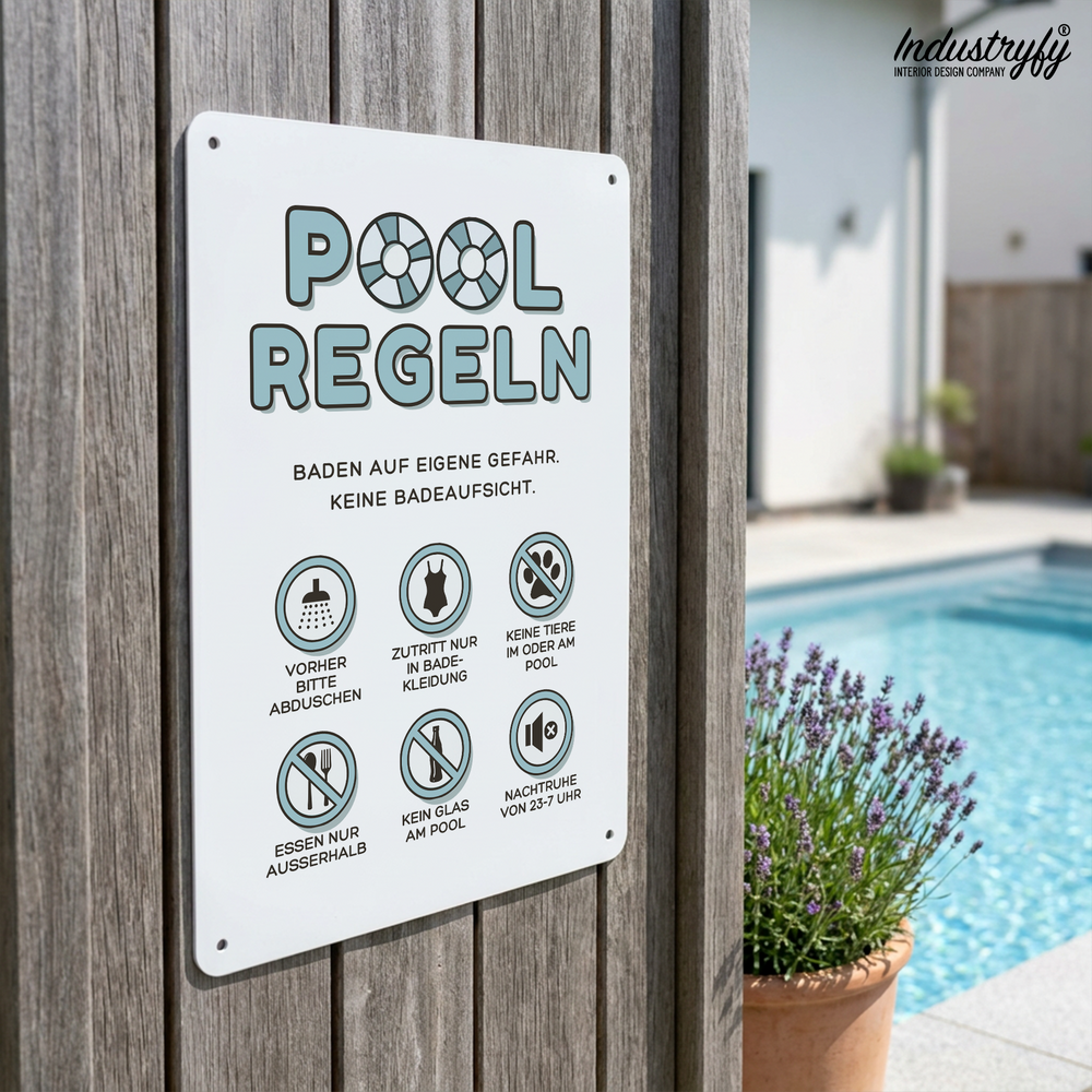 Pool Regeln Metallschild farbig am Pool