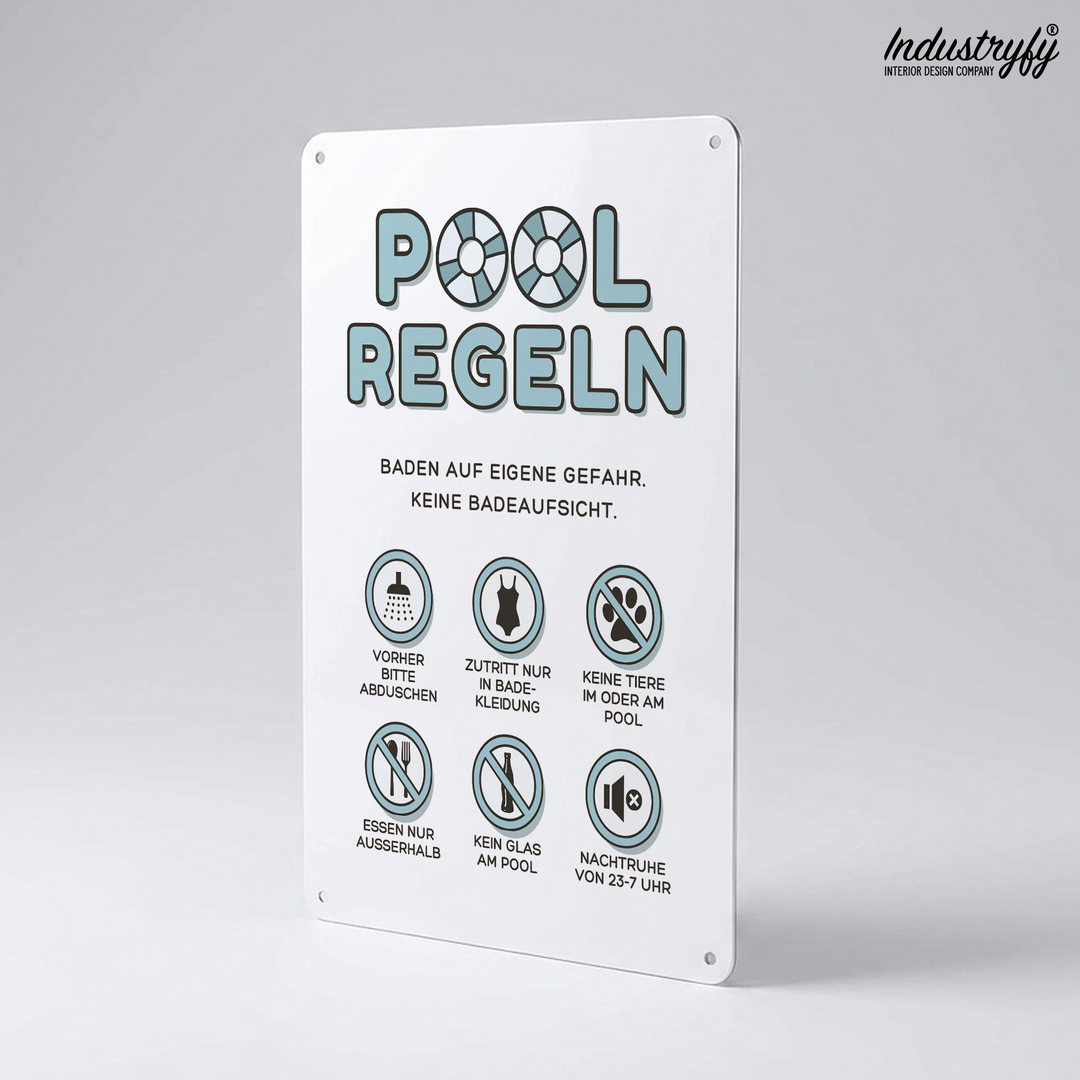 Pool Regeln Schild Detailansicht farbige Symbole