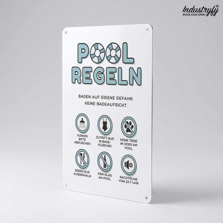 Pool Regeln Schild Detailansicht farbige Symbole
