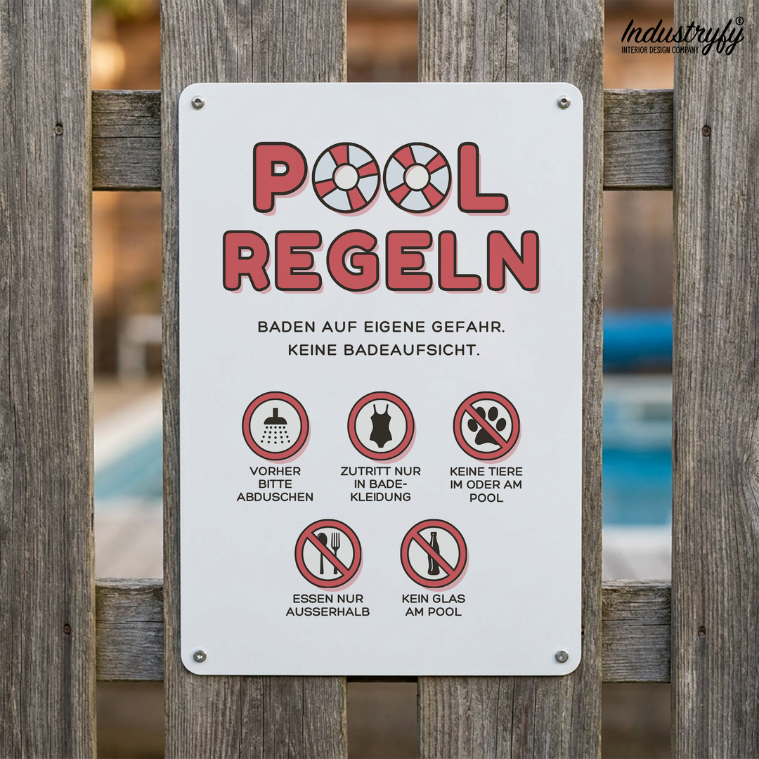 Metallschild Pool Regeln in Korallrot mit deutschen Baderegeln