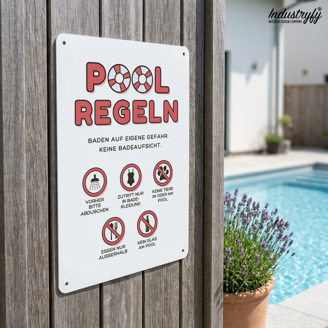 Pool Regeln Metallschild farbig am Pool